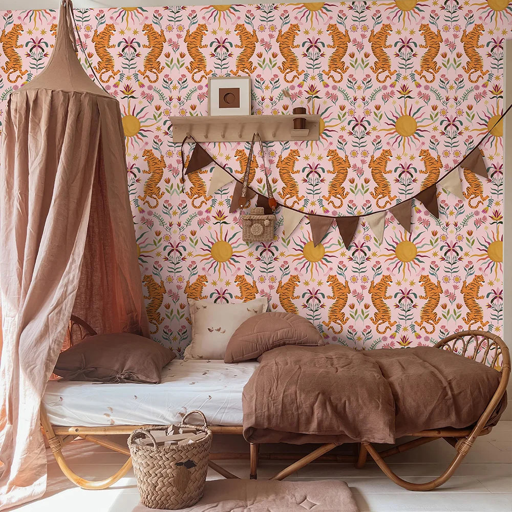 papier peint vinyle adhésif tigres fleurs rose chambre salon vintage boho chic