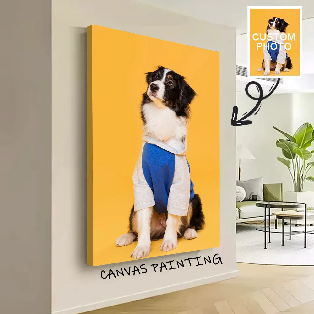 affiche toile personnalisée photo chien habillé cadre bois moderne décoration murale salon grande taille
