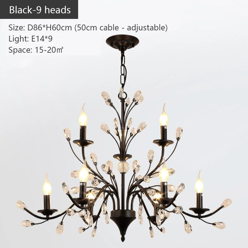 lustre led noir branches cristal contemporain élégant suspendu salon chambre