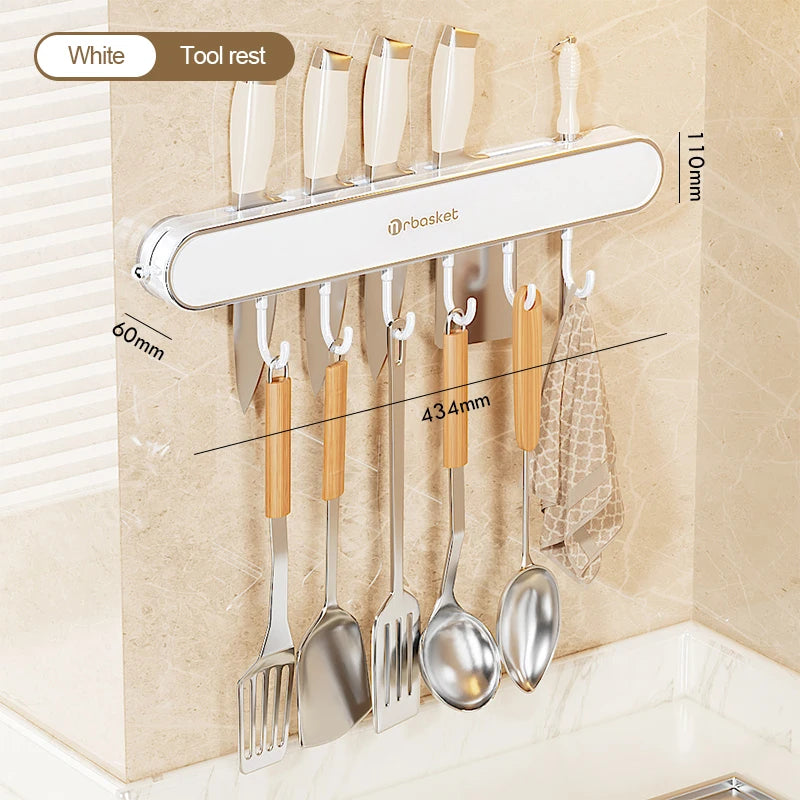 porte couteaux mural adhésif gris métallique couteaux cuillère fourchette serviette racleur éponge brosse dents