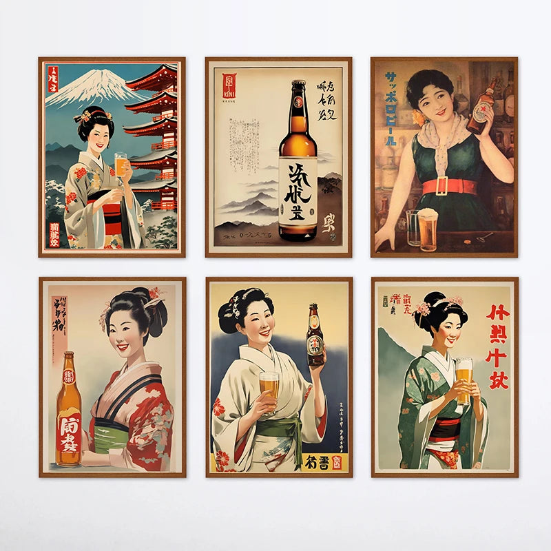 affiche vintage kimono japonais paysage rétro cadre bois décoration murale restaurant izakaya toile