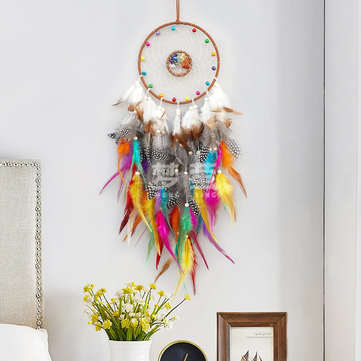 attrape rêves boho chic plumes multicolore bleu rouge gris orange salon chambre