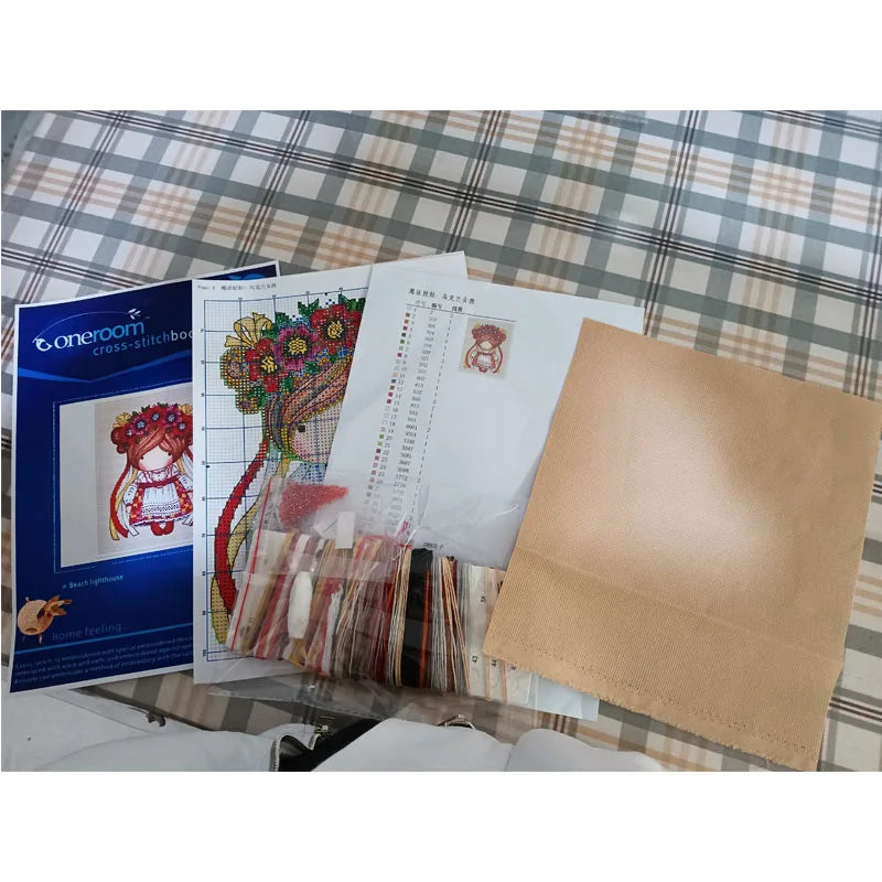 Kit broderie floral fruits scènes marché instructions rubans cartes couleurs aida coton traditionnel