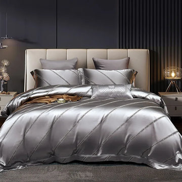 parure lit coton jacquard bleu clair feuilles dorées housse couette taies coussin
