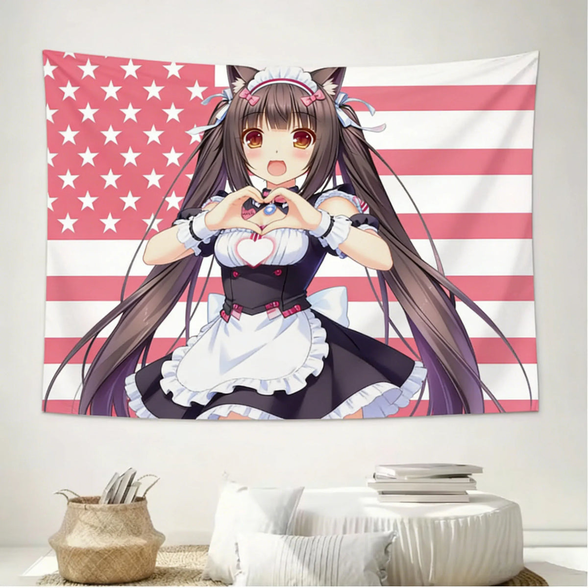 tapisserie dessin animé fille oreilles chat drapeau américain rouge blanc bleu erotique anime
