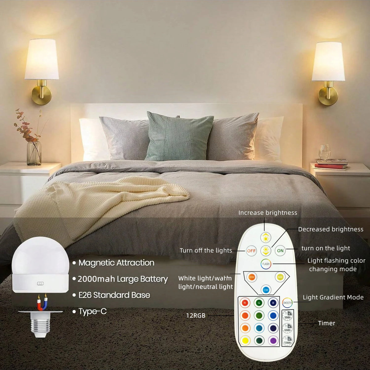 applique murale moderne dorée télécommande incluse éclairage led rechargeable 15 couleurs variées texture métallique