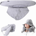 coussin voyage capuche gris clair mousse mémoire forme cale confortable pratique ceinture sécurité écouteurs