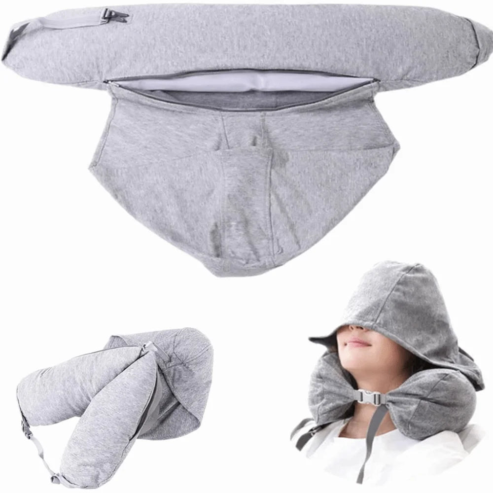 coussin voyage capuche gris clair mousse mémoire forme cale confortable pratique ceinture sécurité écouteurs