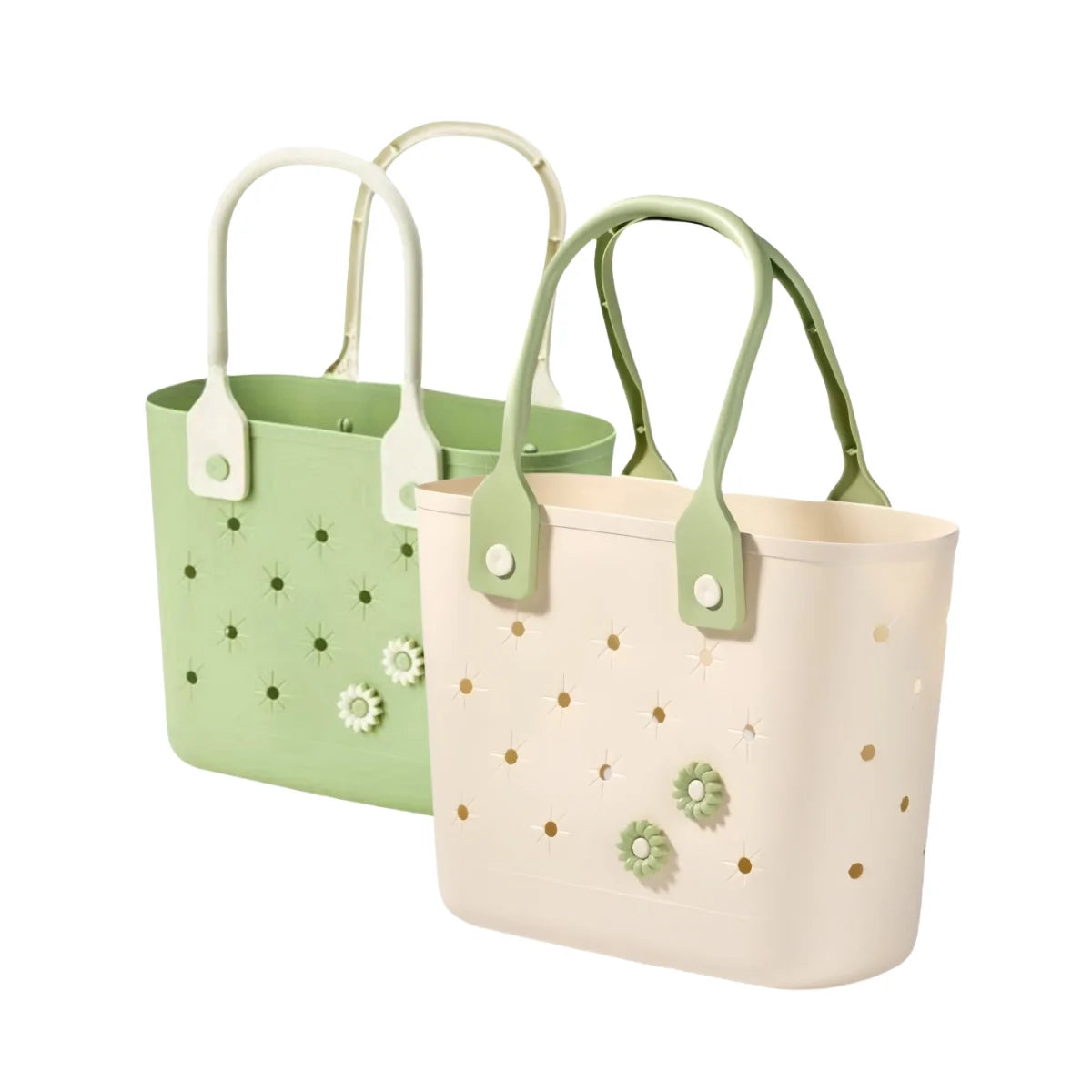 sac main moderne perforations fleurs relief vert clair beige poignées détachables décontracté rangement