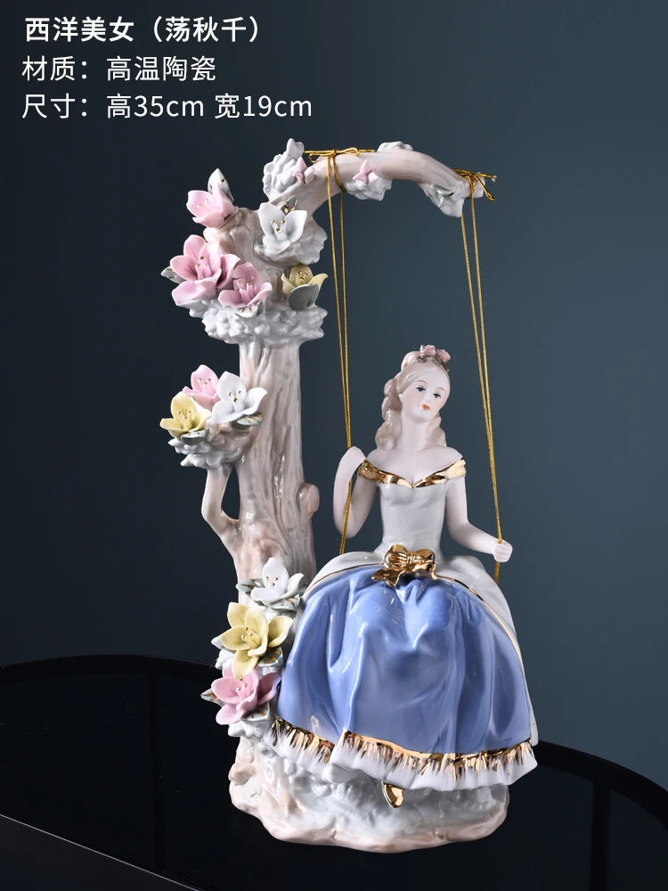 figurines decoratives ceramic bleu clair blanc rose fleurs sculptees classique rococó baroque chambre salon