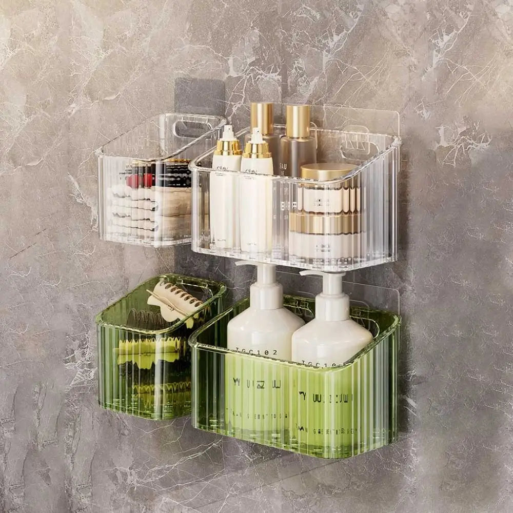 organiseur rangement mural transparent rayures verticales adhésif bouteilles shampooing produits toilette moderne rechargeable plastique