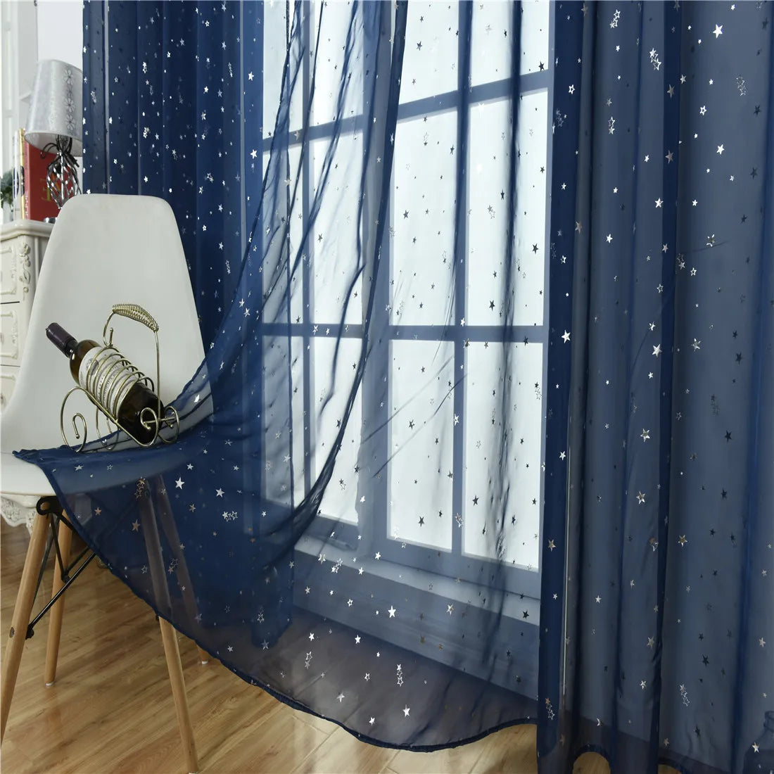 rideau moderne étoiles argentées bleu marine rose transparent anneaux suspension polyester coton chambre fille