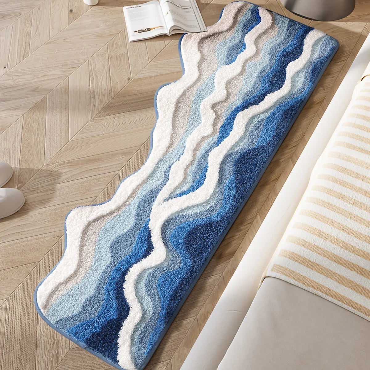 tapis bain moderne bleu beige blanc doux antidérapant imperméable salle bain maison