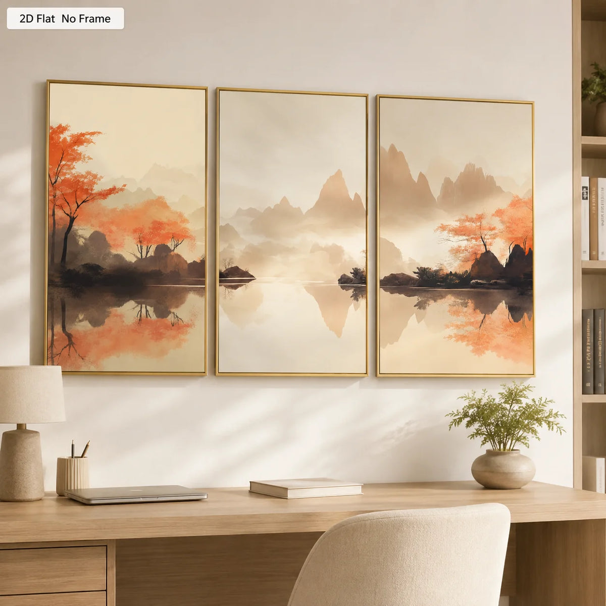 tableau contemporain paysage abstrait montagnes arbres eau beige orange gris noir sans cadre