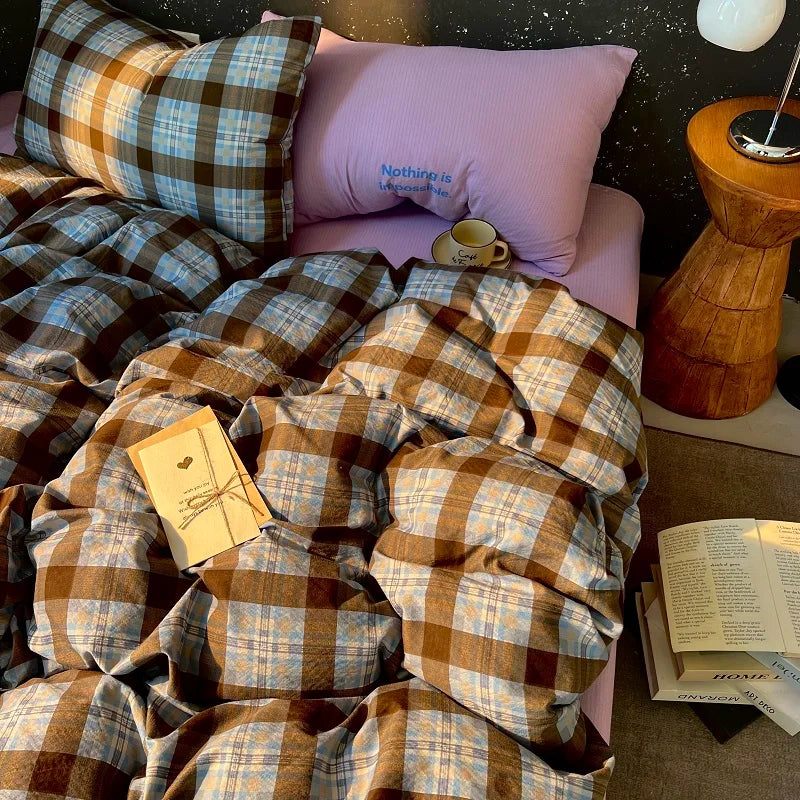 ensemble literie carreaux marron bleu rose moderne literie adulte taille queen draps taies d'oreiller