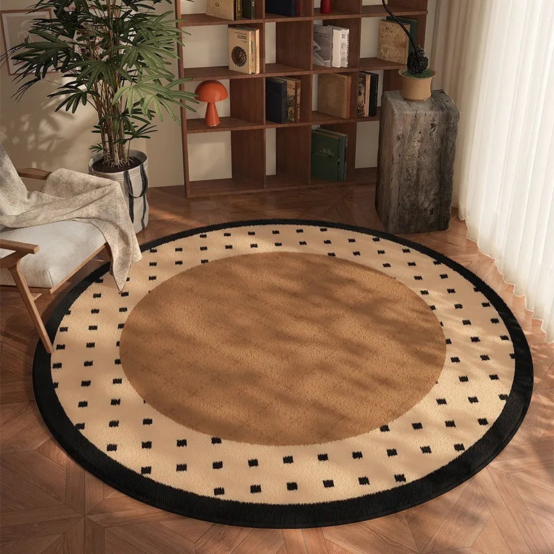 tapis rond beige noir motif fleurs oiseaux décoration salon chambre intérieur doux antidérapant moderne