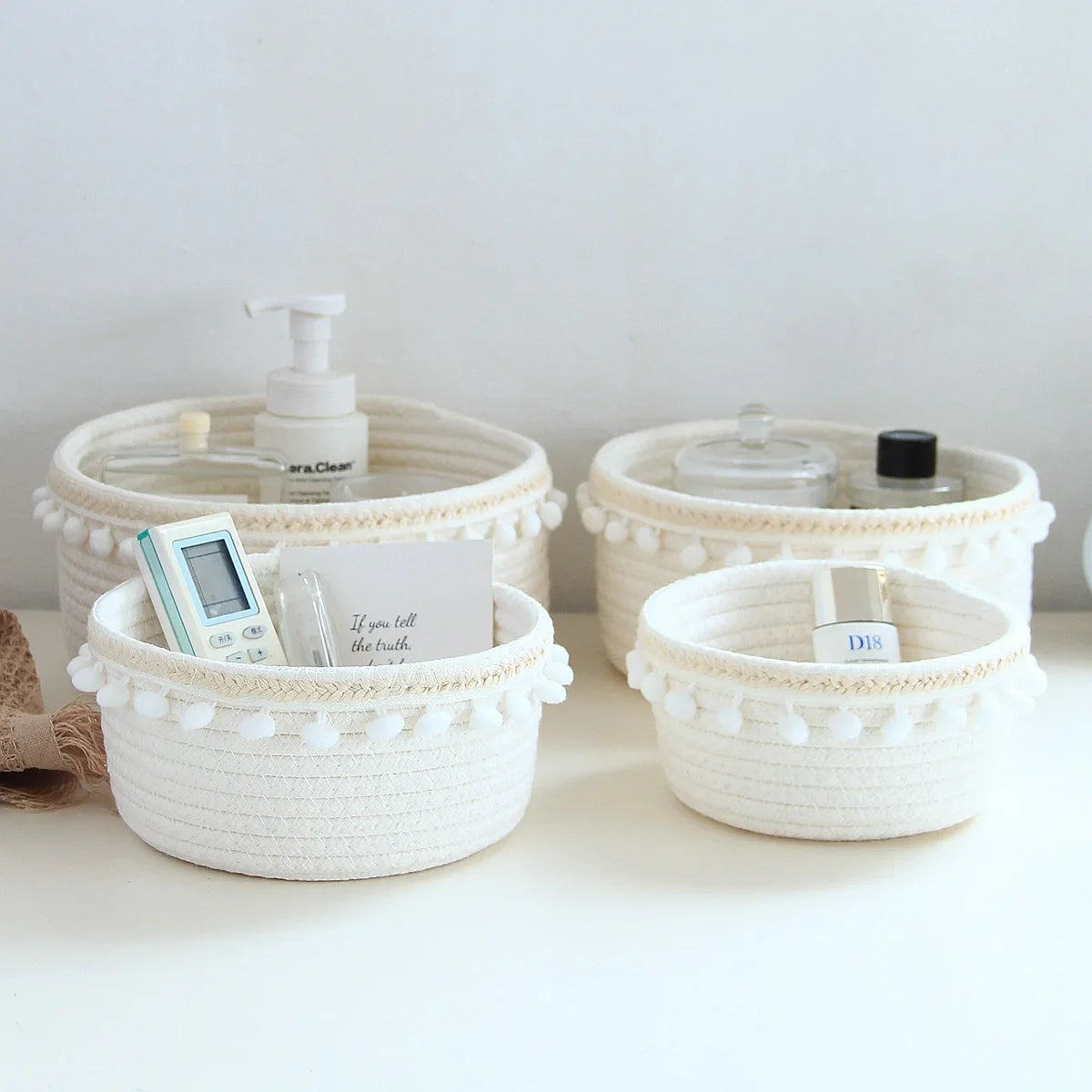 paniers rangement coton blanc boho pompons rangement boite organisation chambre enfants écologique pliable set
