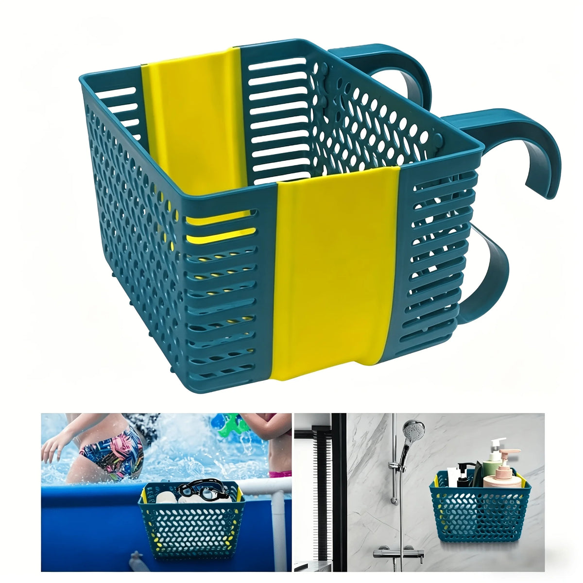 organisateur piscine suspendu bleu perforations feuilles étoiles ventouses crochets transport articles divers moderne