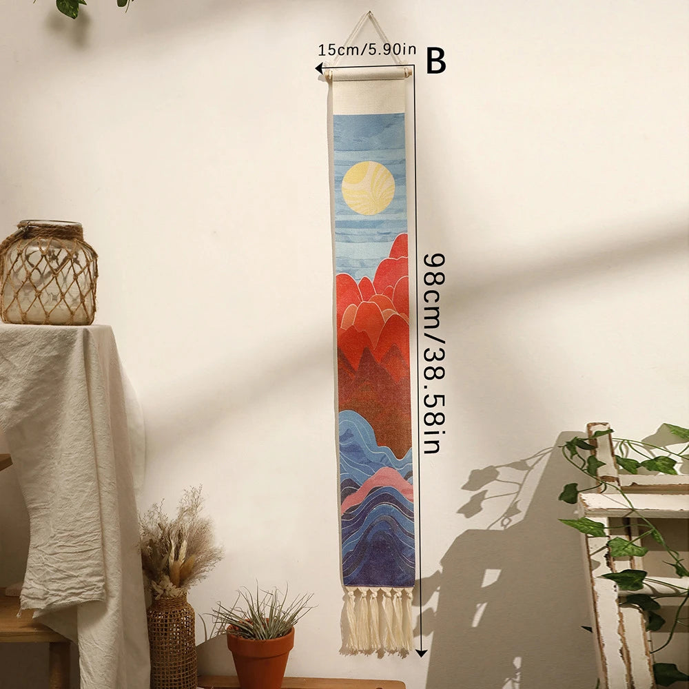 tenture murale bohème paysage montagnes soliel coton orange rouge bleu beige blanc minimaliste