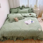 ensemble literie coton brossé ruffles romantique noir rose gris vert beige taies oreillers couverture