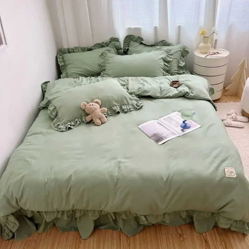 ensemble literie coton brossé ruffles romantique noir rose gris vert beige taies oreillers couverture