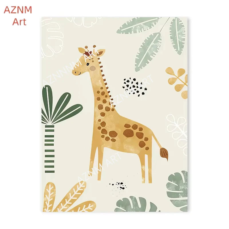 affiche toile animaux jungle lion zebre elephant decor chambre enfant cartoon beige vert