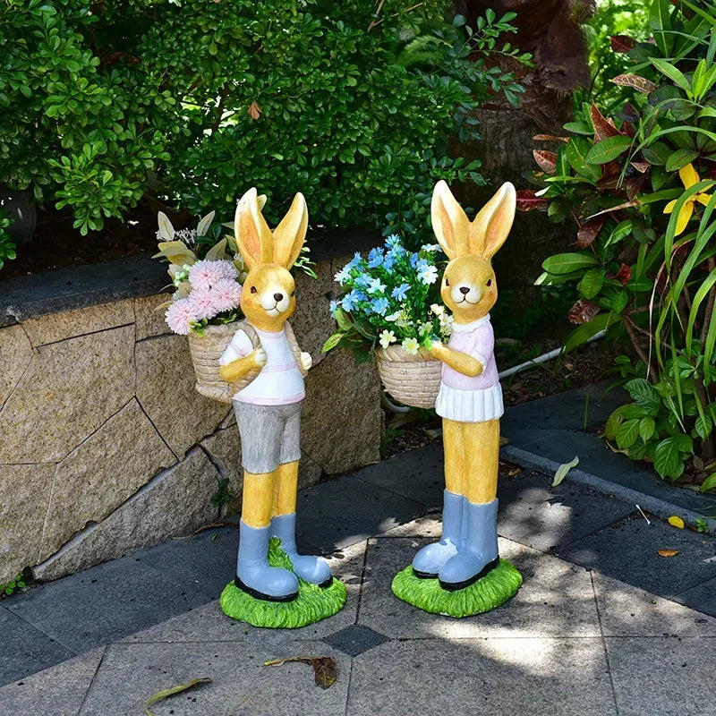 pot fleur lapin statuette panier fleuri décoration jardin enfantin orangé vert bleu