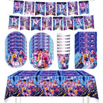kit décoration anniversaire fille personnages dessin animé assiettes gobelets serviettes nappe guirlande rose violet