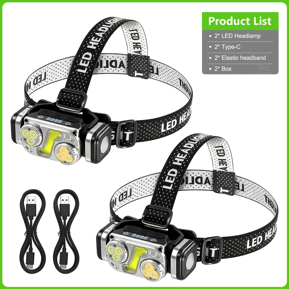 lampe frontale led rechargeable usb noir jaune 12 modes induction magnétique camping pêche chasse