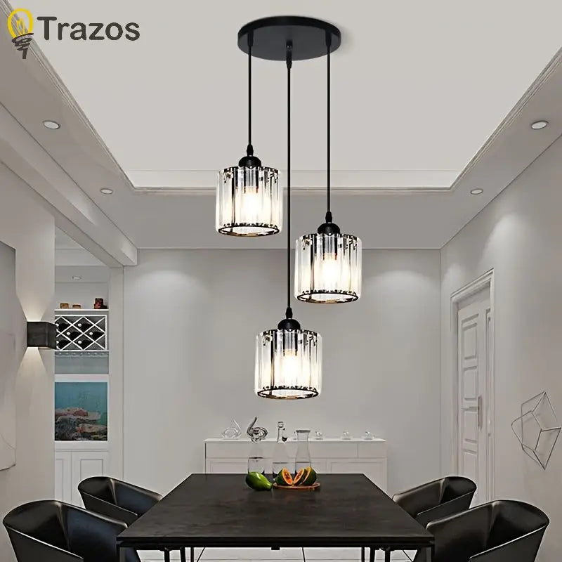 suspension lumineuse trois lumières cristal or moderne abat jour transparent chambre salon contemporain