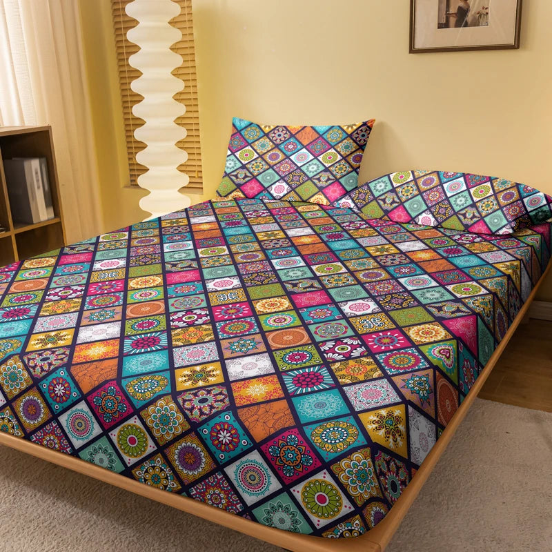 housse lit bohème motifs géométriques bleu turquoise rose orange vert