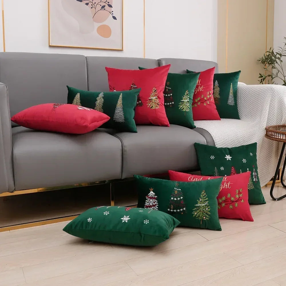 housse coussin velours noël arbre flocons good night rouge vert decoration carré tufted polyester