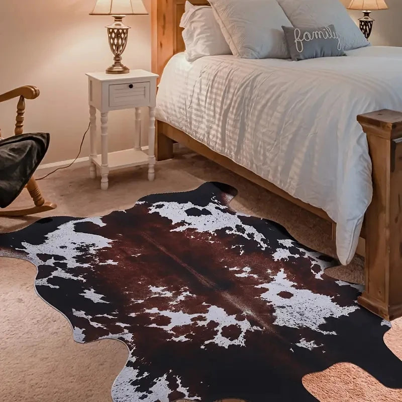 tapis marron blanc peau vache aspect naturel moderne rustique polyester jacquard rectangle salon chambre