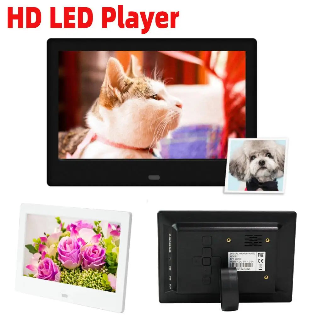 Cadre photo numérique LED 7 pouces noir avec horloge et calendrier affichés