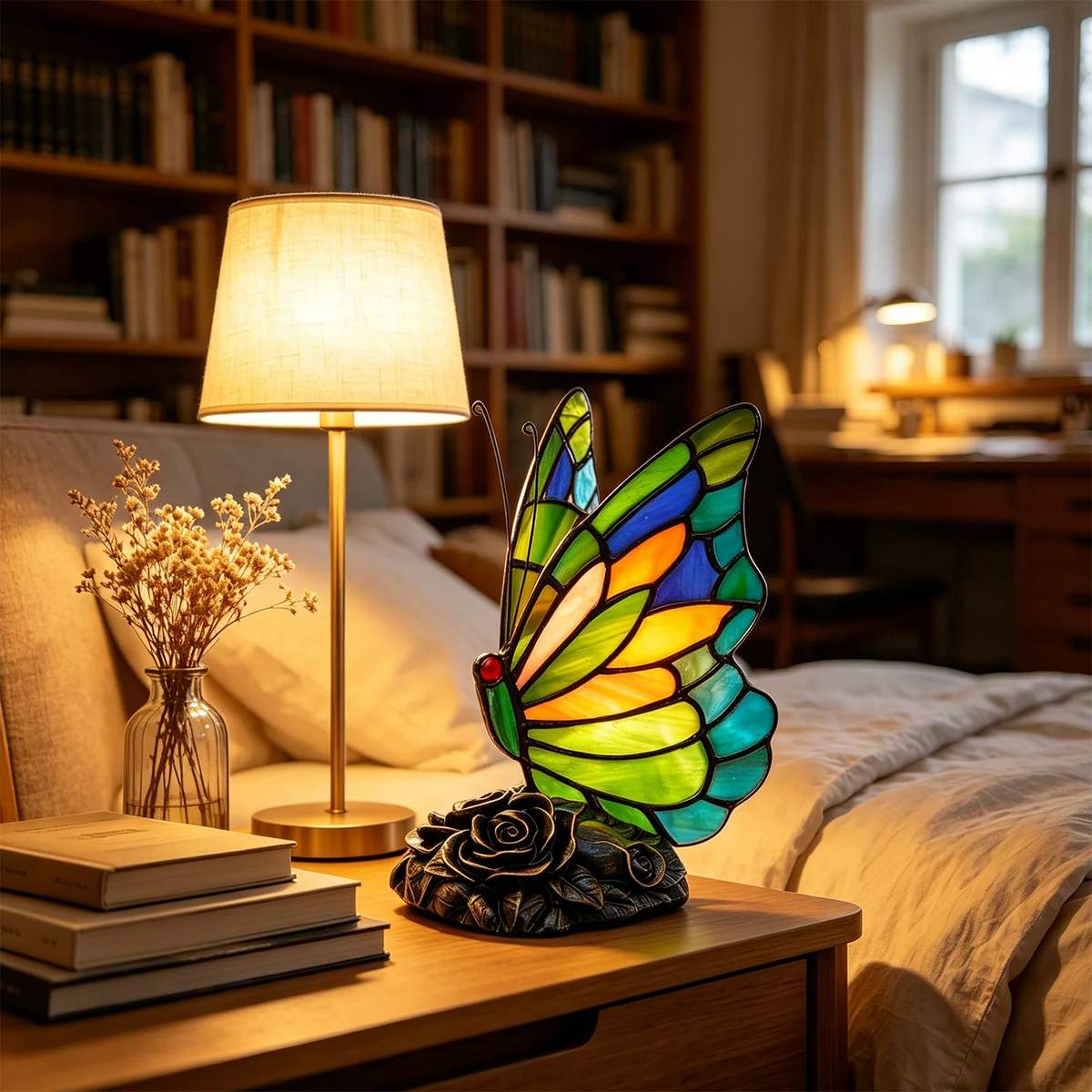 lampe table tiffany papillon floral verte bleue opacité vitrail artisanal chambre