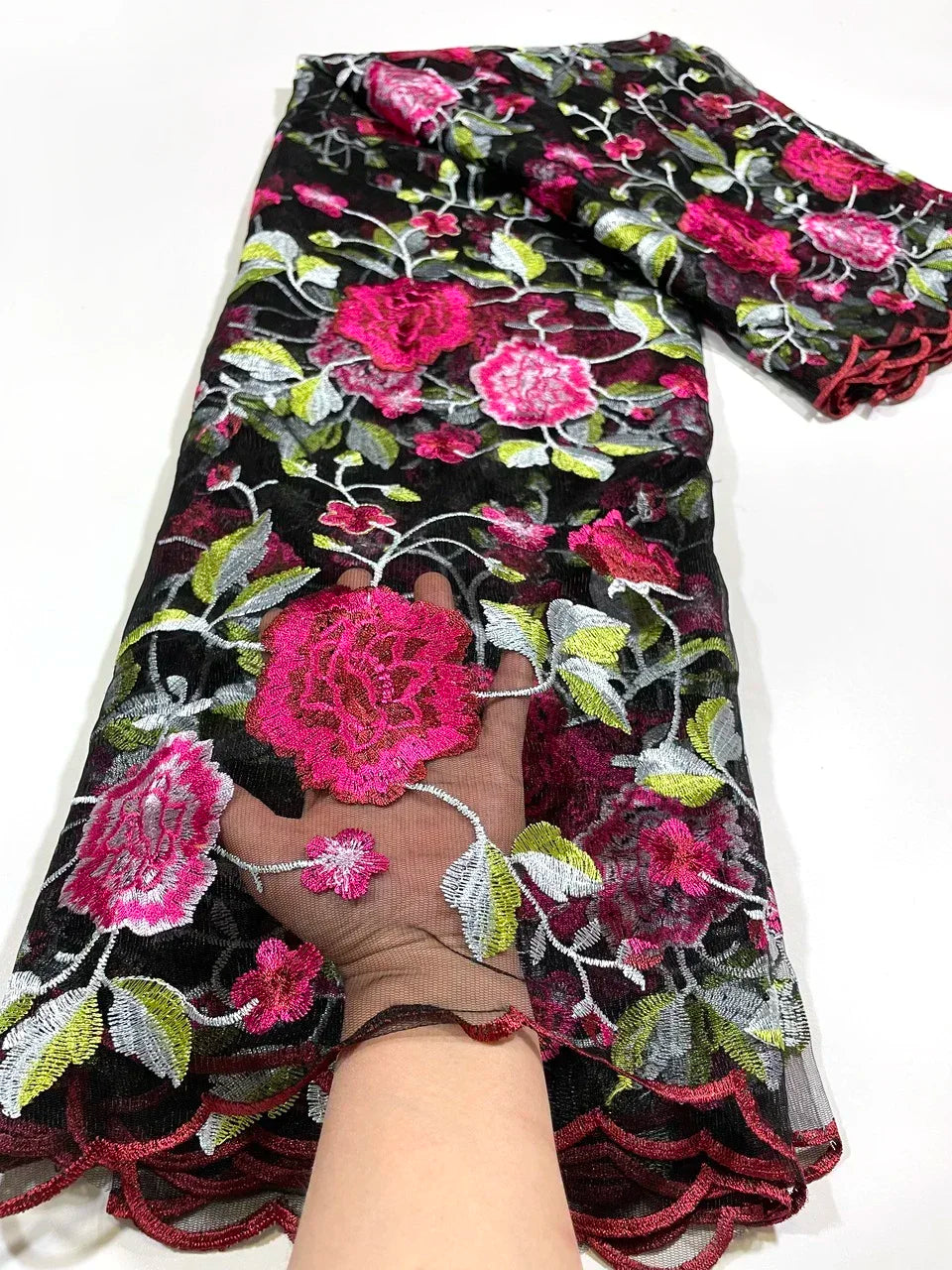tissu africain dentelle verte brodée floral transparent élégant robe haute qualité yards