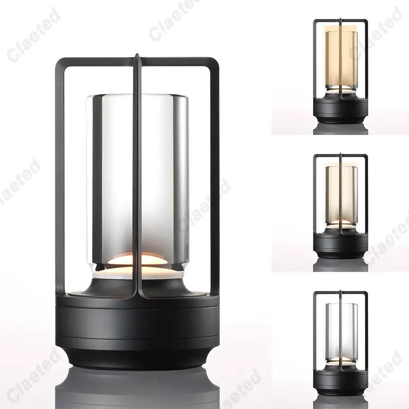 lampe torche moderne led transparente noir doré base métallique minimaliste lumière ambiance camping restaurant