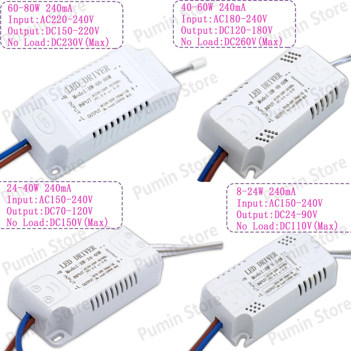 transformateur led 240ma 220v 24w 40w 60w 80w câbles connecteur blanc moderne