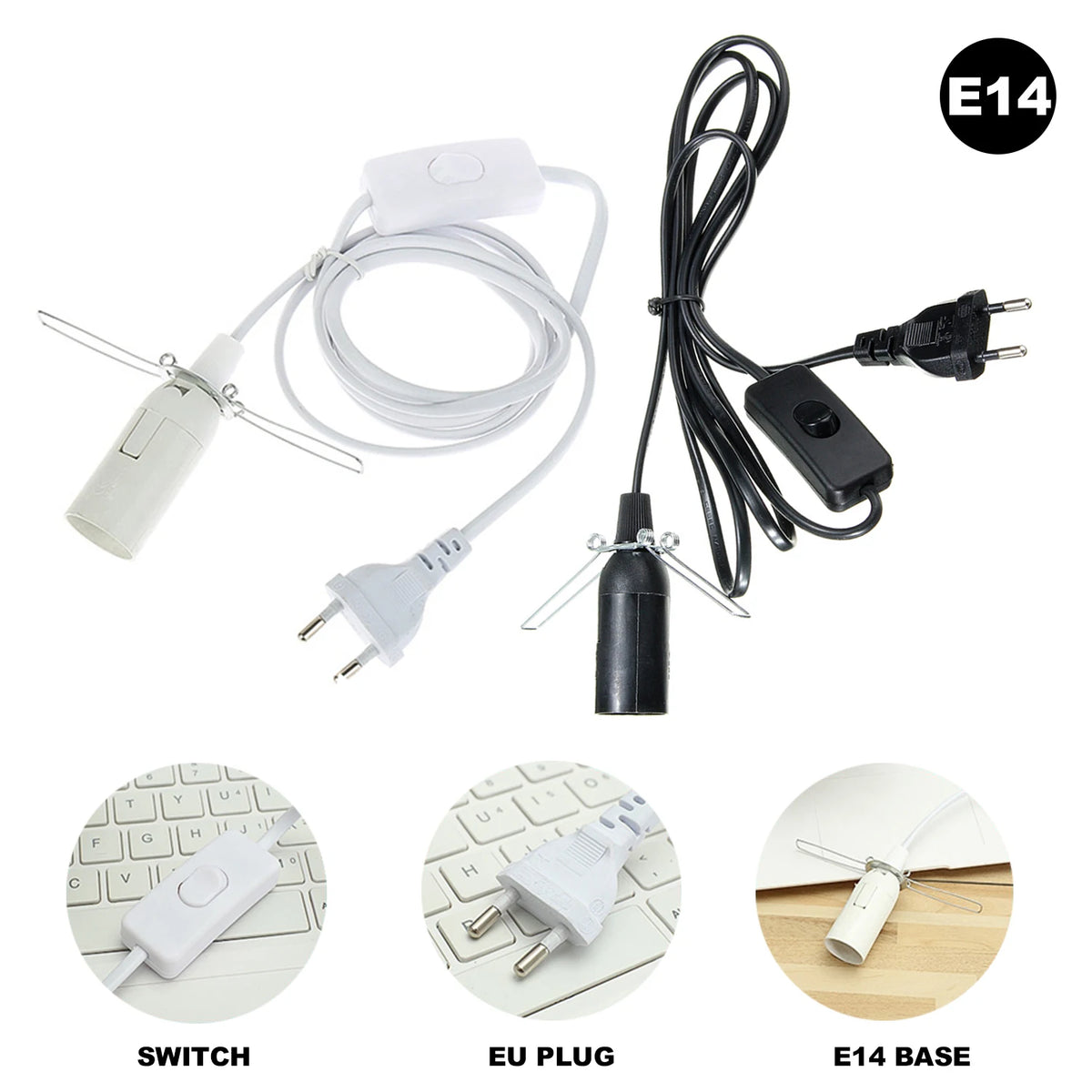 câble électrique vintage ampoule e14 e27 noir blanc douille socket interrupteur variateur 1mètre