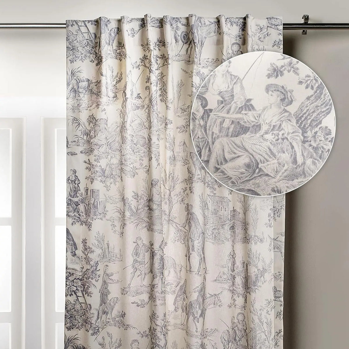 rideau toile jouy vintage beige gris classique fenêtre intégré moderne decoration chambre salonhôtel polyester