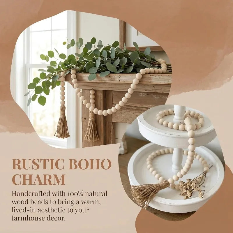 décoration murale guirlande bois boho rustique pompons beige farmhouse