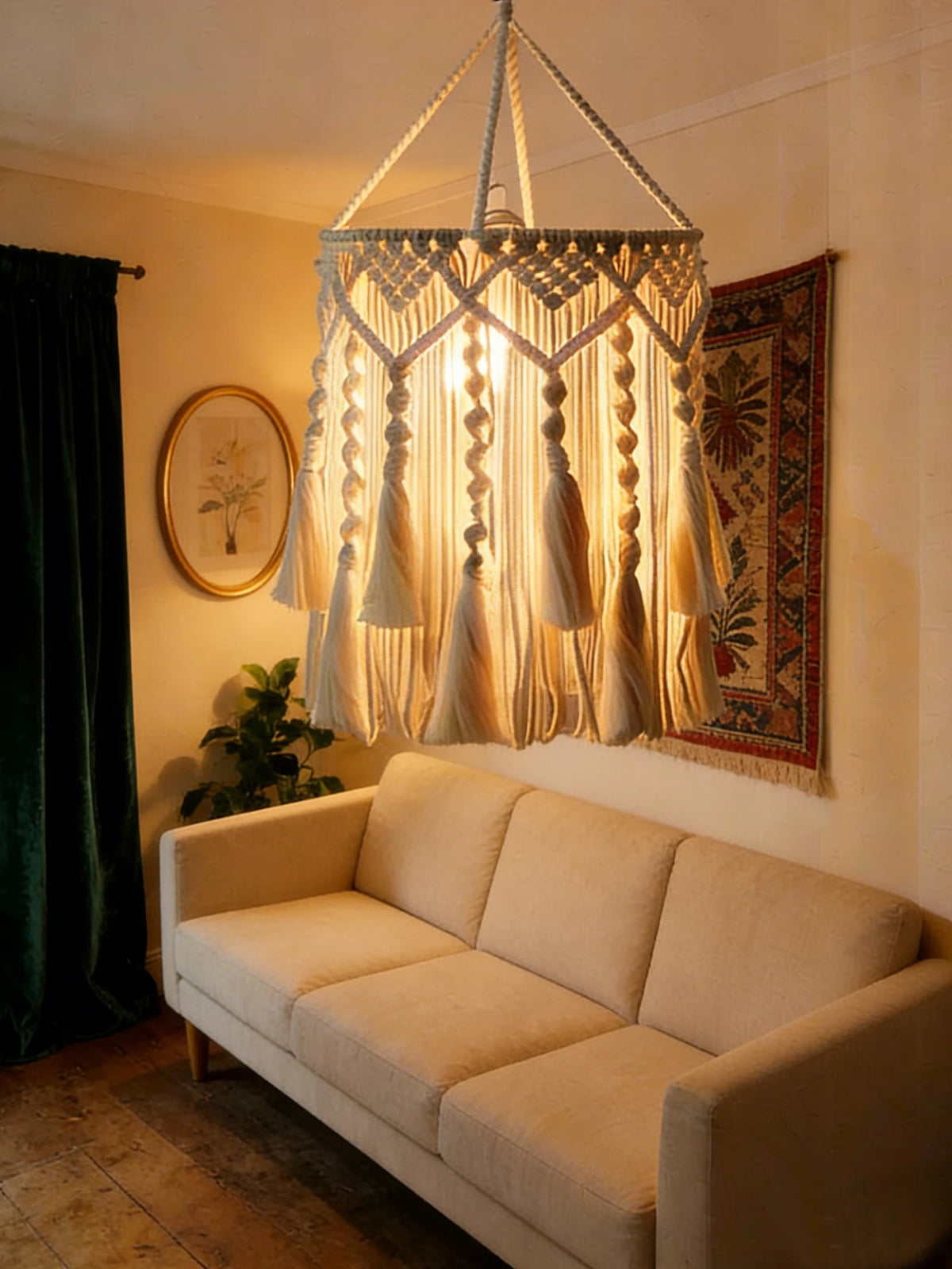 lampe suspendue macramé boho franges coton main beige clair décorative artisanale