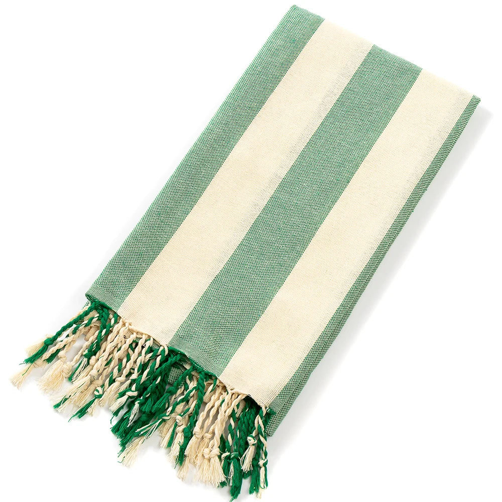 serviette plage coton vert clair beige rayures moderne absorbante entretien facile océan noël franges