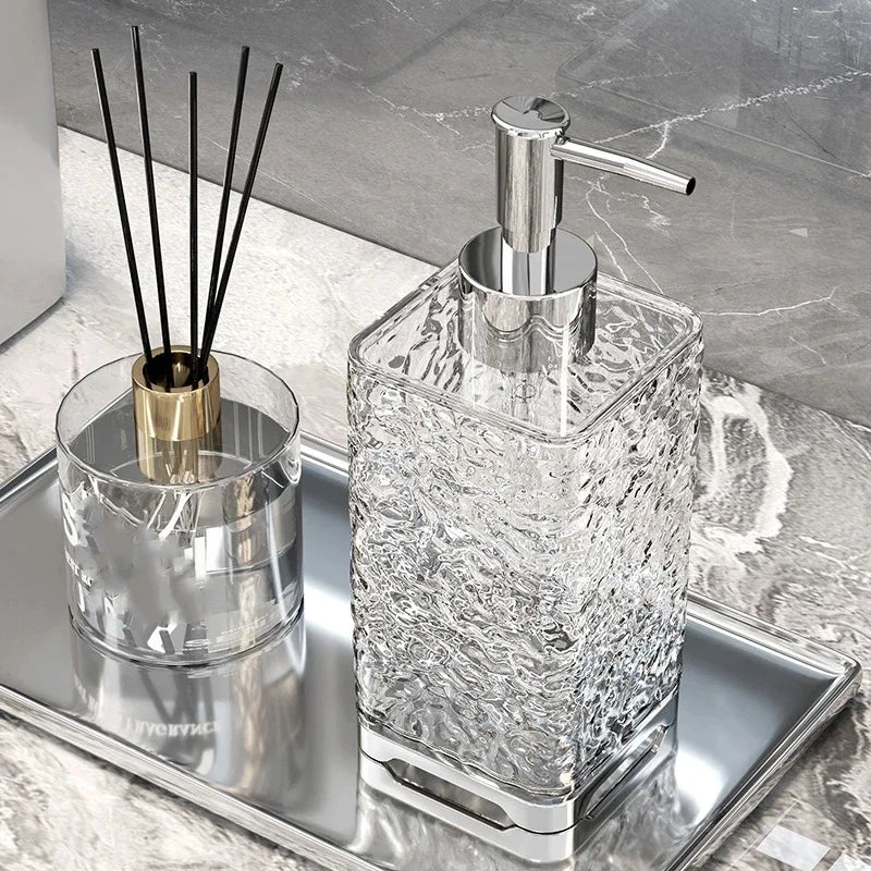 distributeur savon liquide transparent texture ondulée moderne salle bain cuisine rechargeable pump bouchon