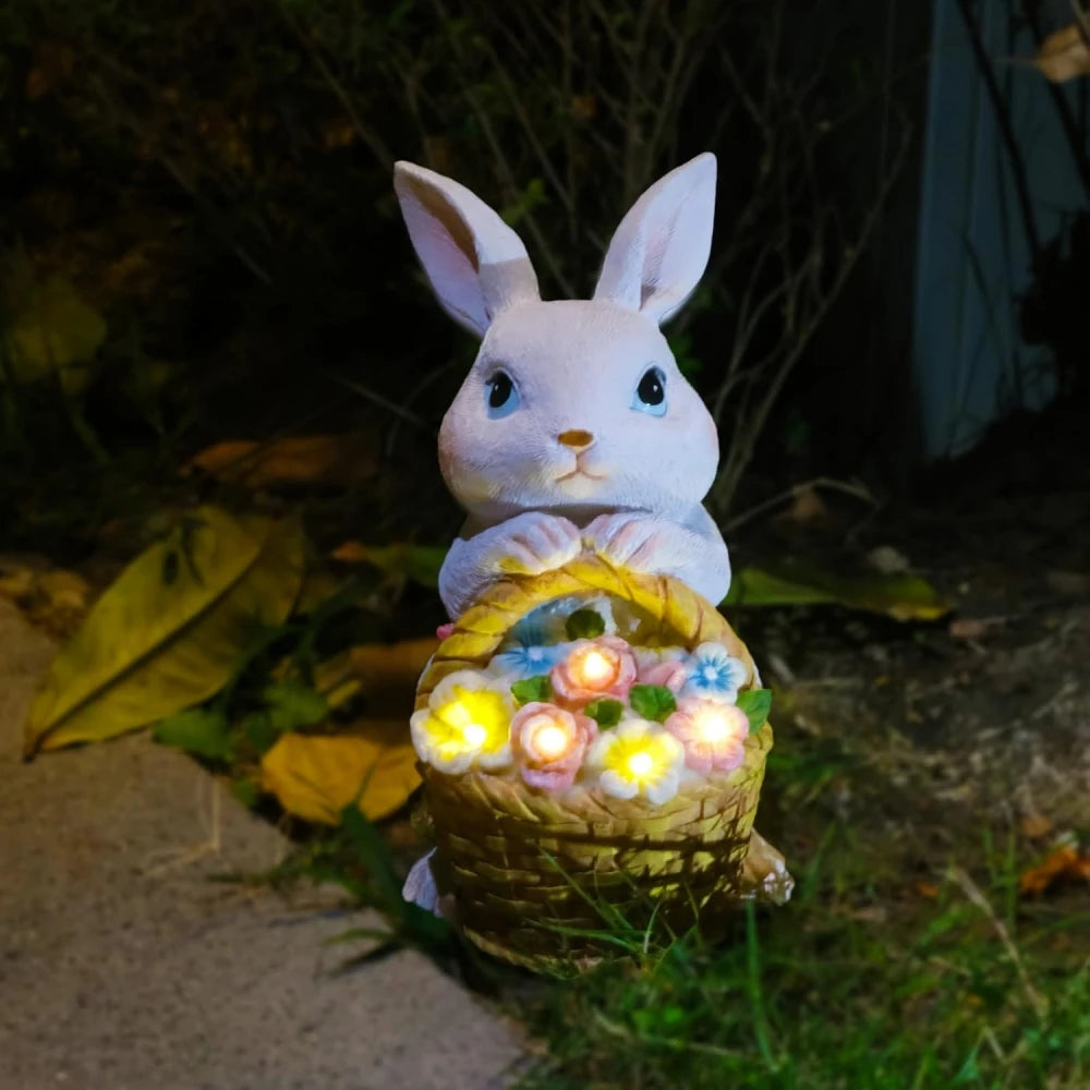 statue lapin fleurs jardin solaire led couleur vives decorative printemps exterieur ornement fleuri