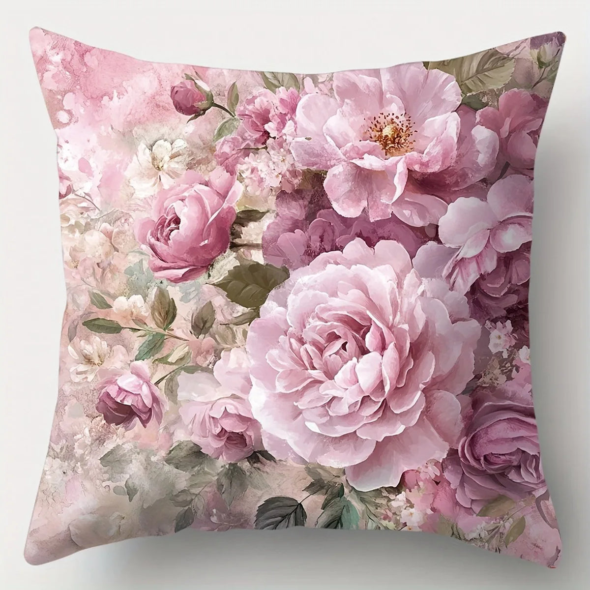 housse coussin imprimé bouquet fleurs roses blanches vintage couleurs rose beige vert polyester 40x40cm