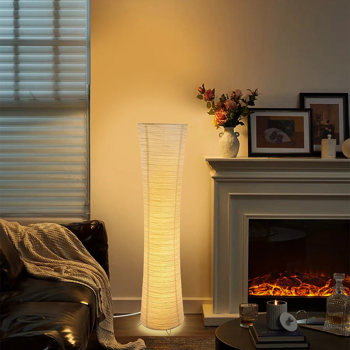 lampe sol moderne blanc rayures horizontales abat jour papier riz télécommande port usb led