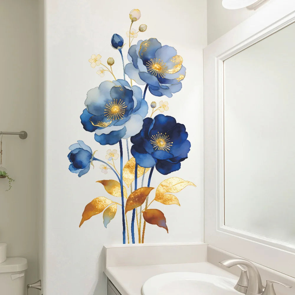 autocollant mural moderne fleurs bleues feuilles dorées intérieur salle bain toilette 30x60cm opaque adhésif