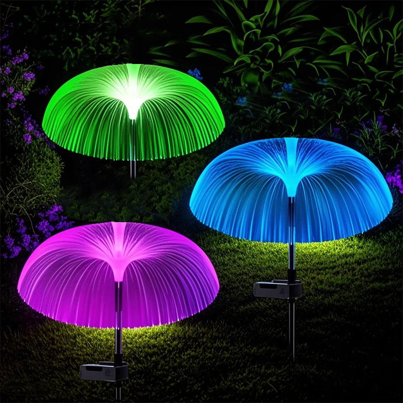 décoration extérieure moderne lampes solaires led violet jaune bleu vert fibres optiques gazon champignons