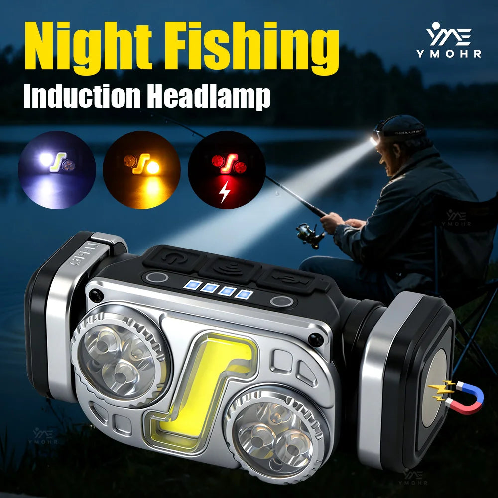 lampe frontale led rechargeable usb noir jaune 12 modes induction magnétique camping pêche chasse